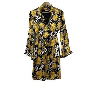 Rungolee Black Gold Satin Floral Print Long Sleeve Dress Size Medium
